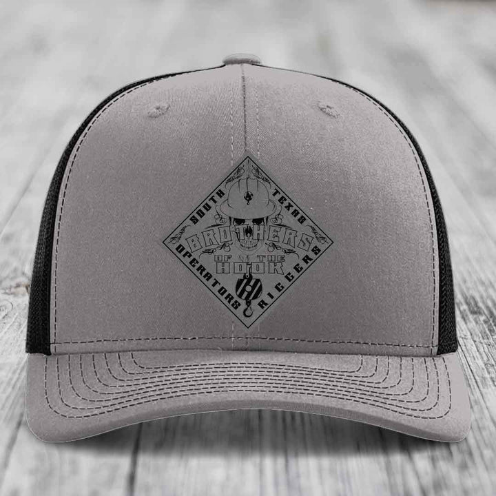 Brothers of the Hook (South Texas) - Leather Patch Hat - Grey to Black Patch - Richardson 112 Snapback Trucker Hat