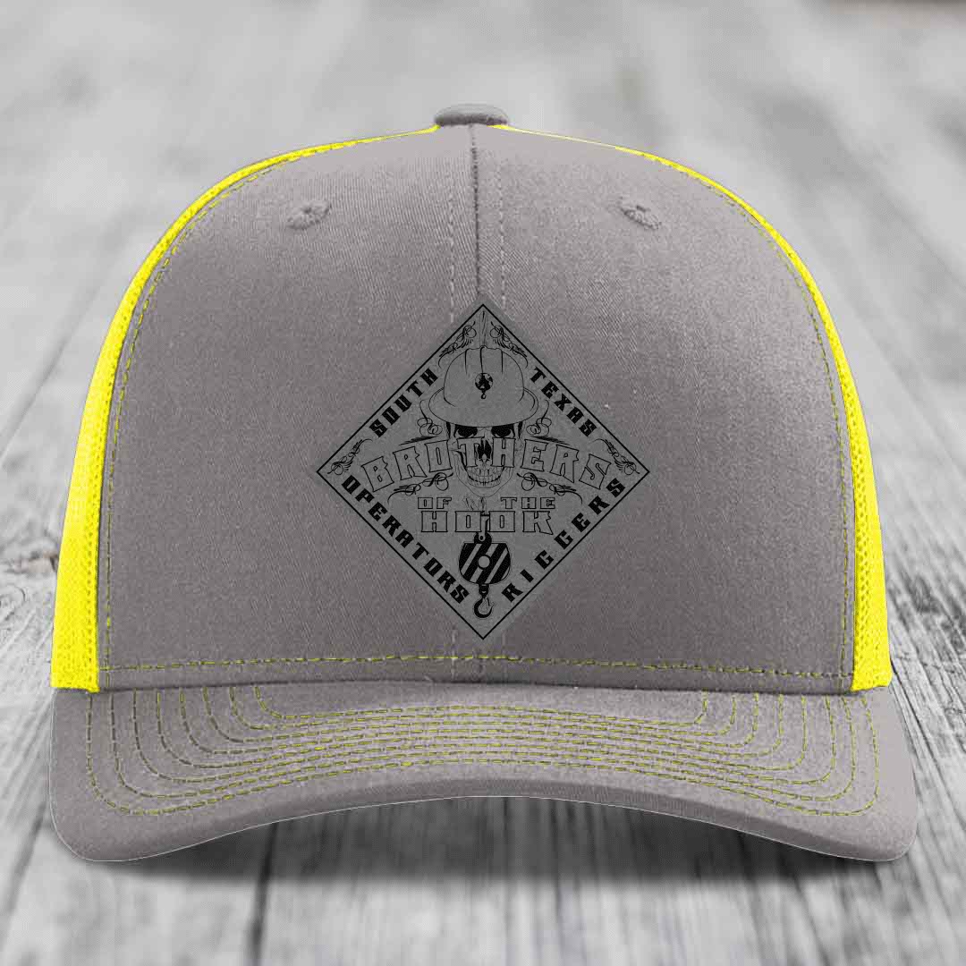 Brothers of the Hook (South Texas) - Leather Patch Hat - Grey to Black Patch - Richardson 112 Snapback Trucker Hat