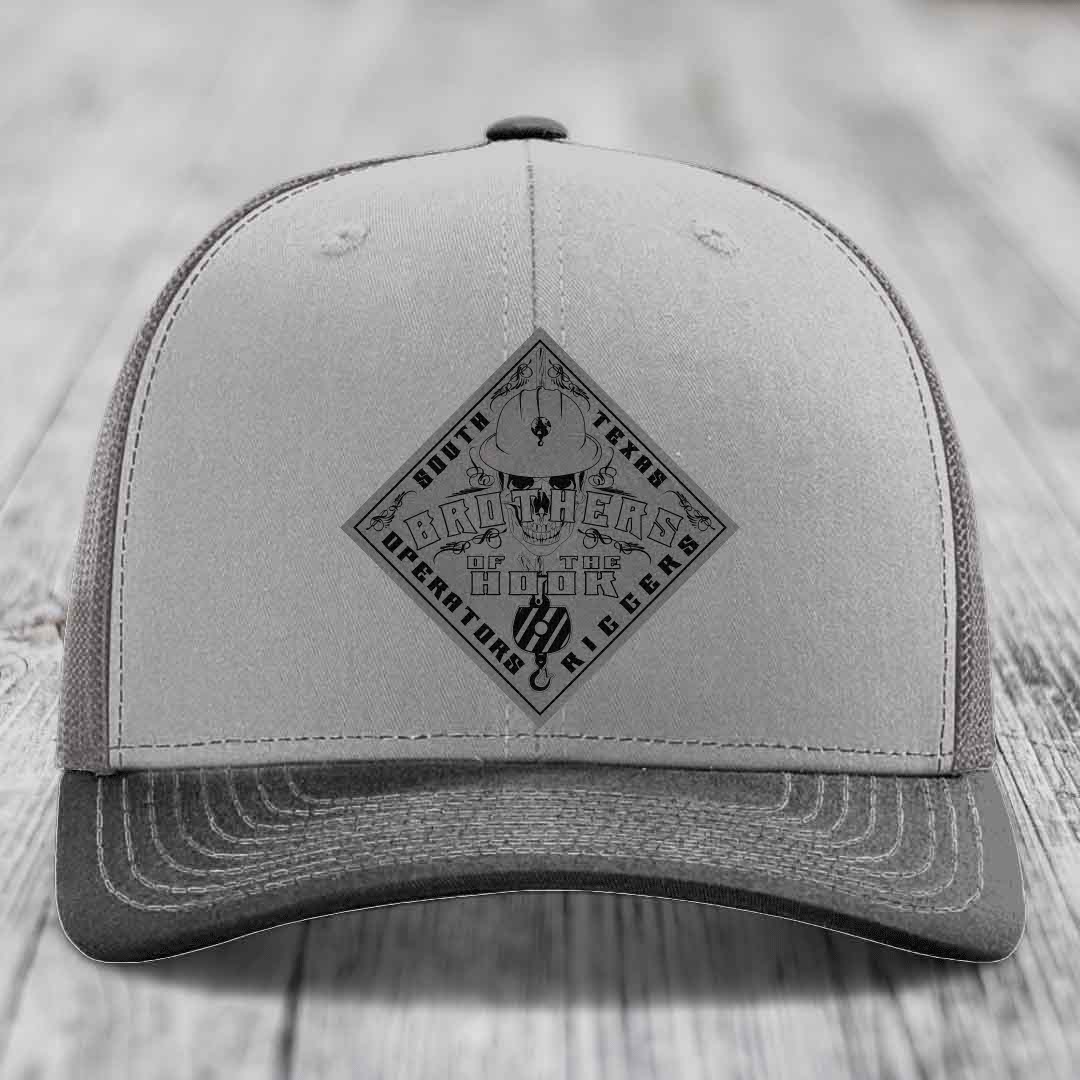 Brothers of the Hook (South Texas) - Leather Patch Hat - Grey to Black Patch - Richardson 112 Snapback Trucker Hat