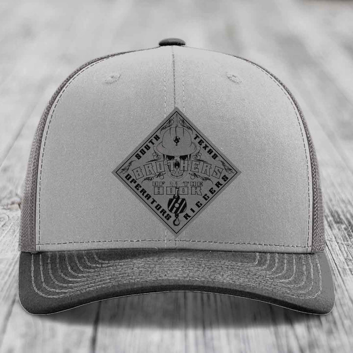 Brothers of the Hook (South Texas) - Leather Patch Hat - Grey to Black Patch - Richardson 112 Snapback Trucker Hat