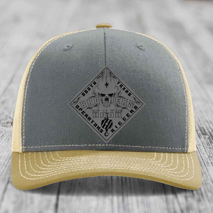 Brothers of the Hook (South Texas) - Leather Patch Hat - Grey to Black Patch - Richardson 112 Snapback Trucker Hat