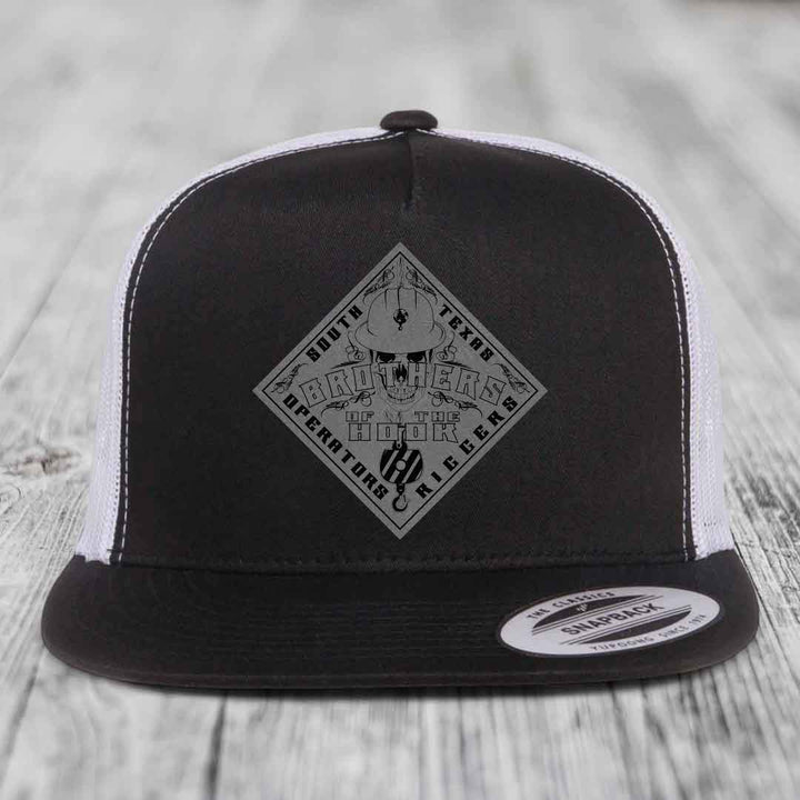 Brothers of the Hook (South Texas) - Leather Patch Hat - Grey to Black Patch - Yupoong 6006 Snapback Flatbill Hat
