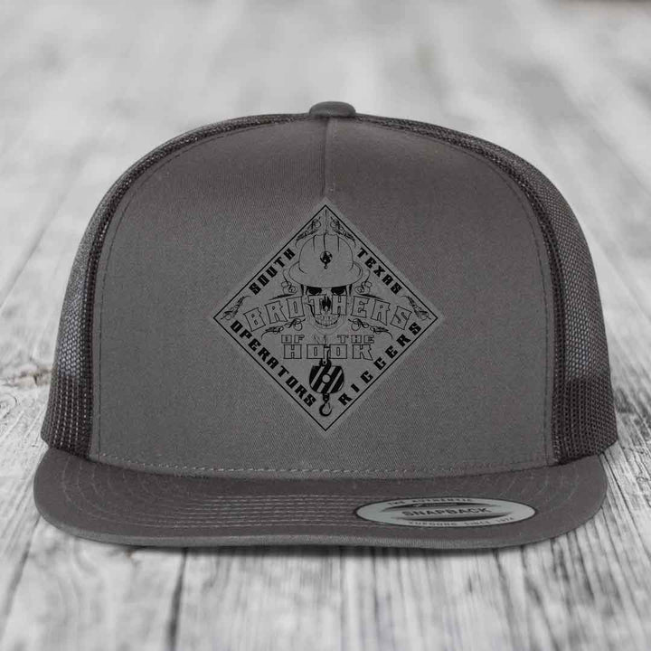 Brothers of the Hook (South Texas) - Leather Patch Hat - Grey to Black Patch - Yupoong 6006 Snapback Flatbill Hat