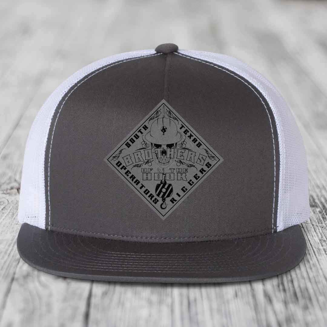 Brothers of the Hook (South Texas) - Leather Patch Hat - Grey to Black Patch - Yupoong 6006 Snapback Flatbill Hat