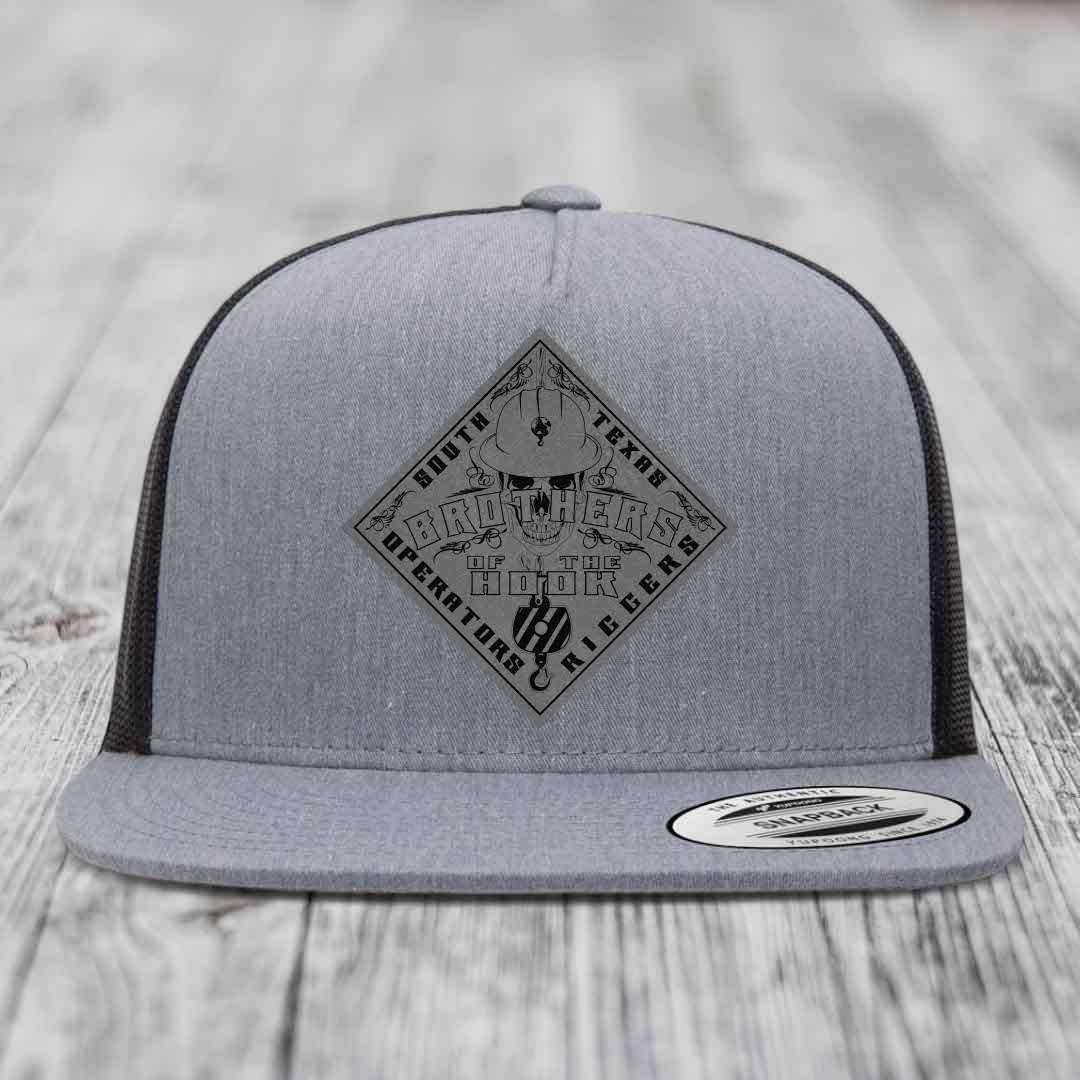 Brothers of the Hook (South Texas) - Leather Patch Hat - Grey to Black Patch - Yupoong 6006 Snapback Flatbill Hat