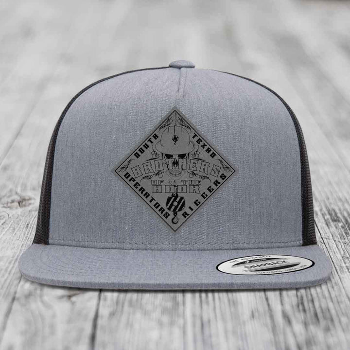 Brothers of the Hook (South Texas) - Leather Patch Hat - Grey to Black Patch - Yupoong 6006 Snapback Flatbill Hat