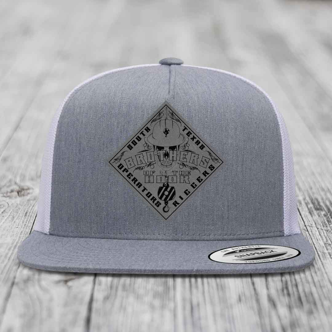 Brothers of the Hook (South Texas) - Leather Patch Hat - Grey to Black Patch - Yupoong 6006 Snapback Flatbill Hat