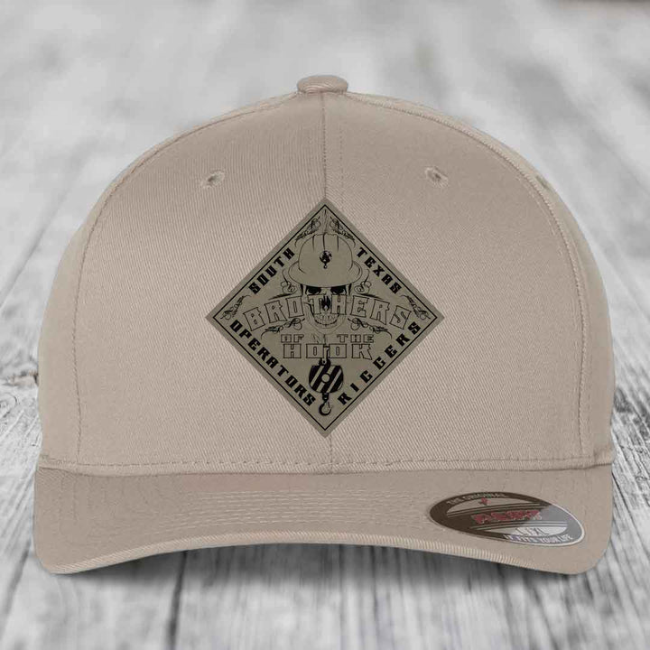 Brothers of the Hook (South Texas) - Leather Patch Hat - Light Brown to Black Patch - Flexfit 6277 Fitted Hat