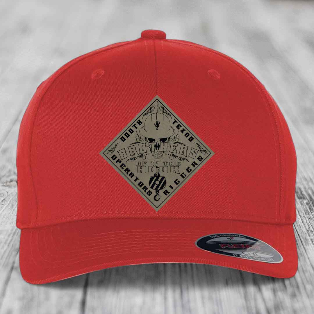 Brothers of the Hook (South Texas) - Leather Patch Hat - Light Brown to Black Patch - Flexfit 6277 Fitted Hat