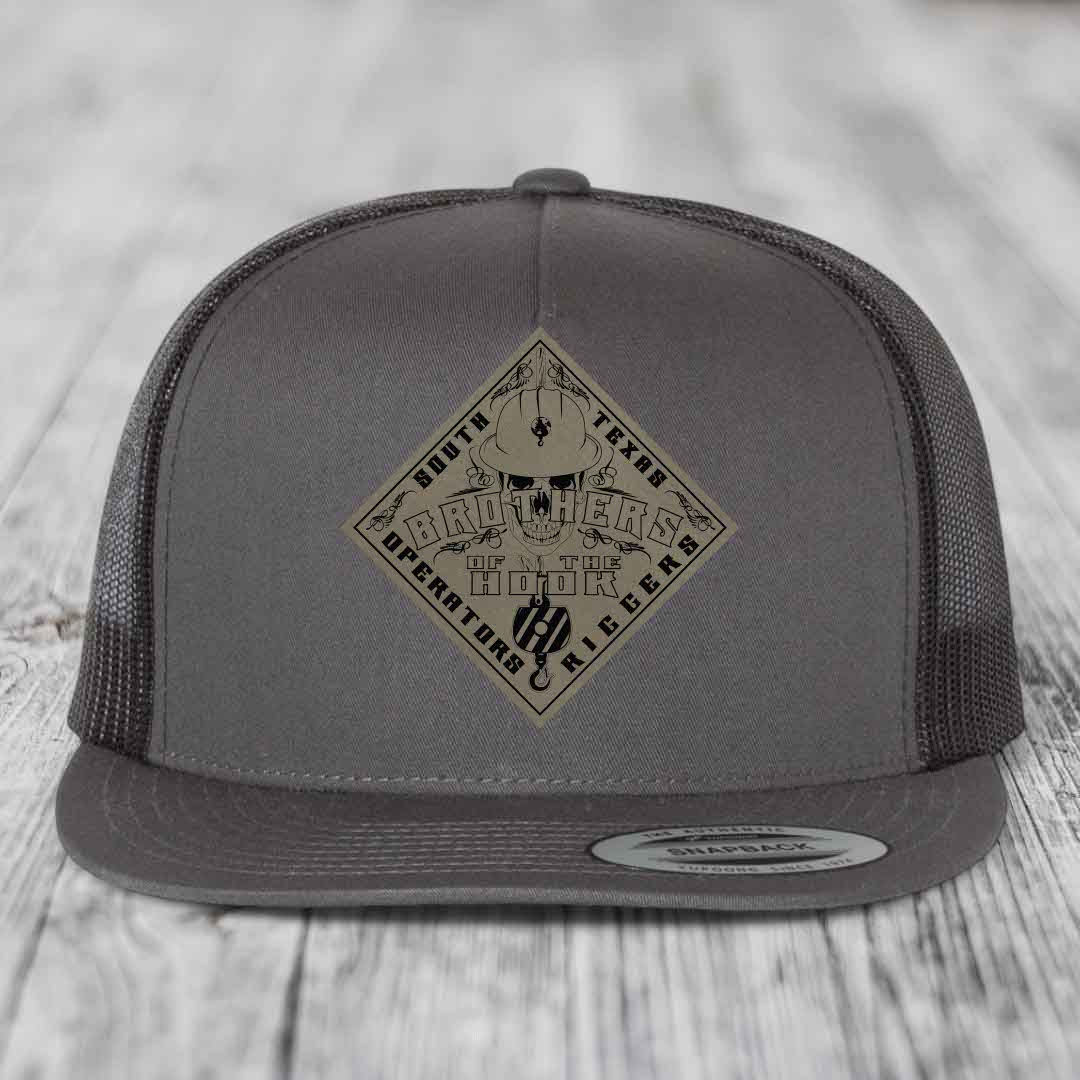 Brothers of the Hook (South Texas) - Leather Patch Hat - Light Brown to Black Patch - Yupoong 6006 Snapback Flatbill Hat
