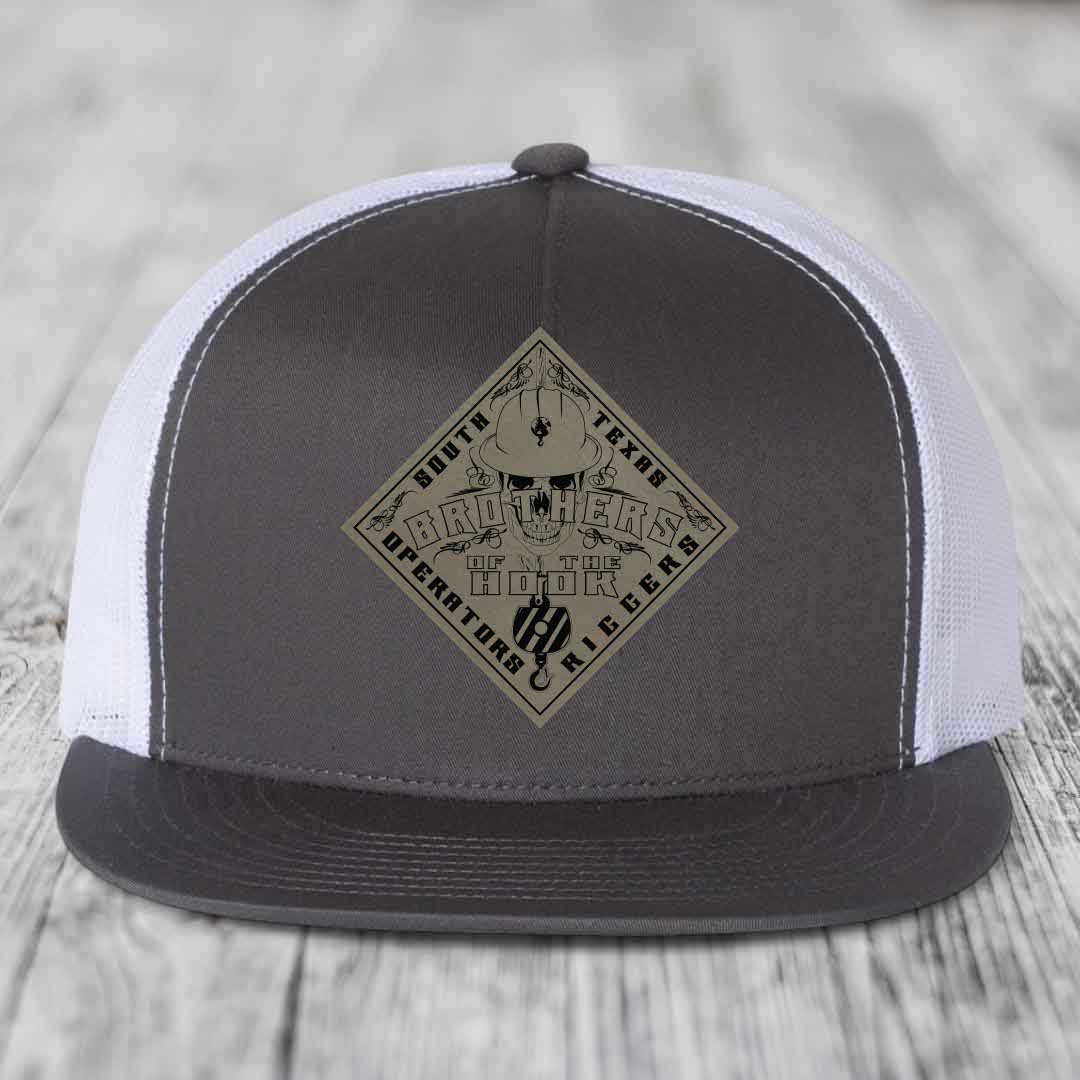 Brothers of the Hook (South Texas) - Leather Patch Hat - Light Brown to Black Patch - Yupoong 6006 Snapback Flatbill Hat