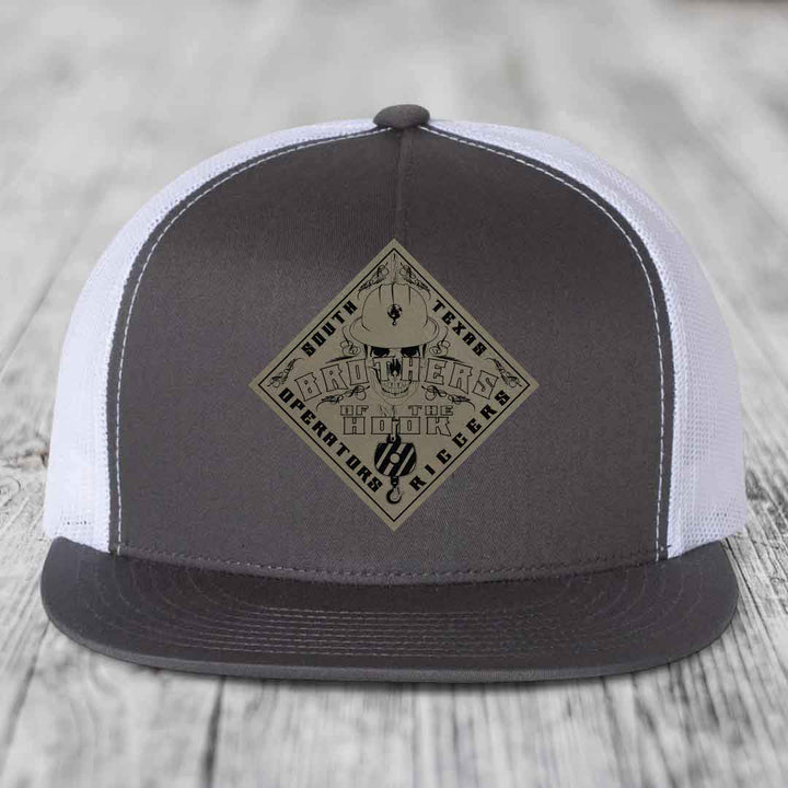 Brothers of the Hook (South Texas) - Leather Patch Hat - Light Brown to Black Patch - Yupoong 6006 Snapback Flatbill Hat