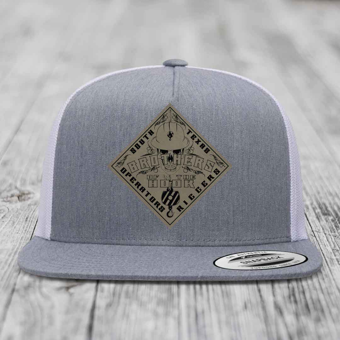 Brothers of the Hook (South Texas) - Leather Patch Hat - Light Brown to Black Patch - Yupoong 6006 Snapback Flatbill Hat