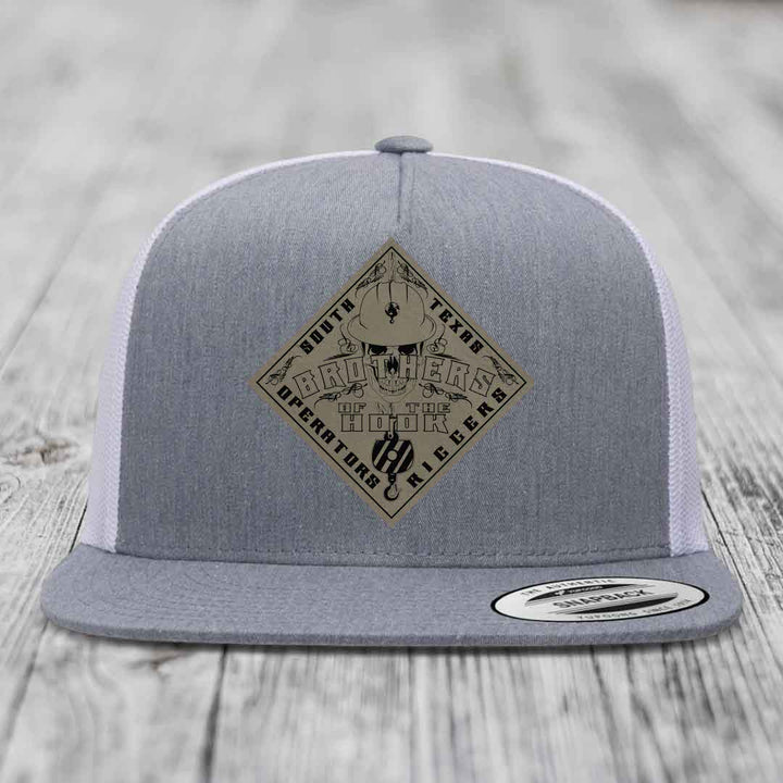 Brothers of the Hook (South Texas) - Leather Patch Hat - Light Brown to Black Patch - Yupoong 6006 Snapback Flatbill Hat