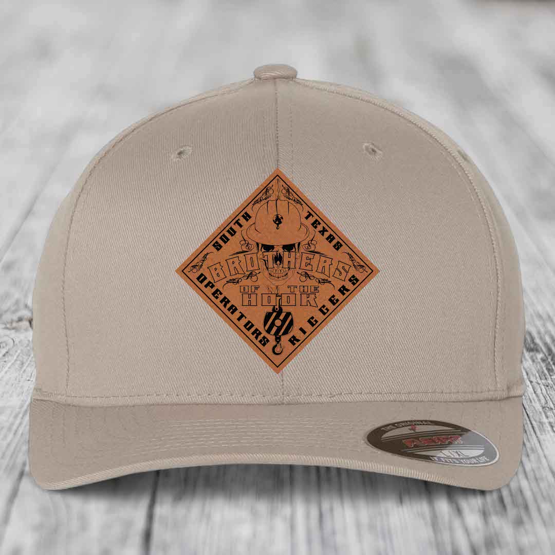 Brothers of the Hook (South Texas) - Leather Patch Hat - Rawhide to Black Patch - Flexfit 6277 Fitted Hat