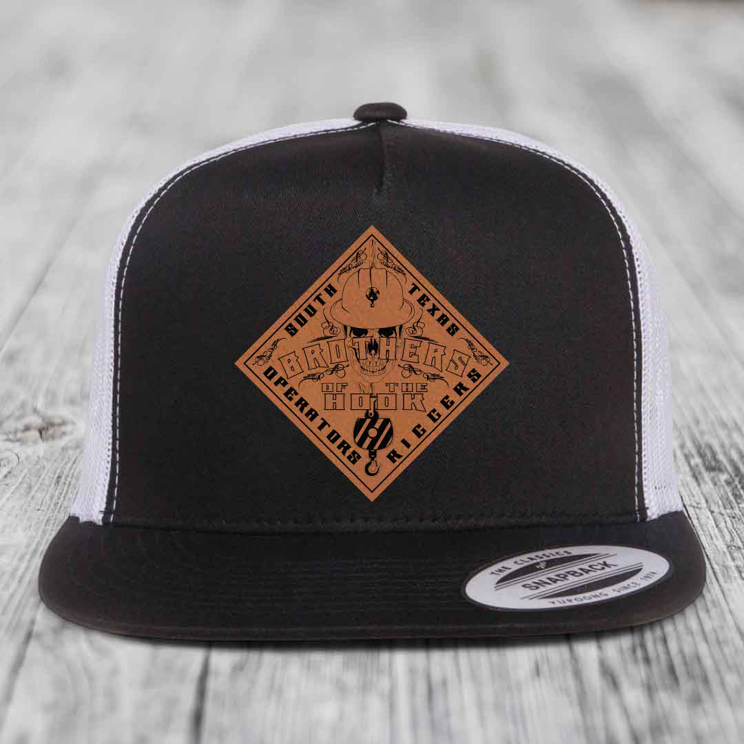 Brothers of the Hook (South Texas) - Leather Patch Hat - Rawhide to Black Patch - Yupoong 6006 Snapback Flatbill Hat