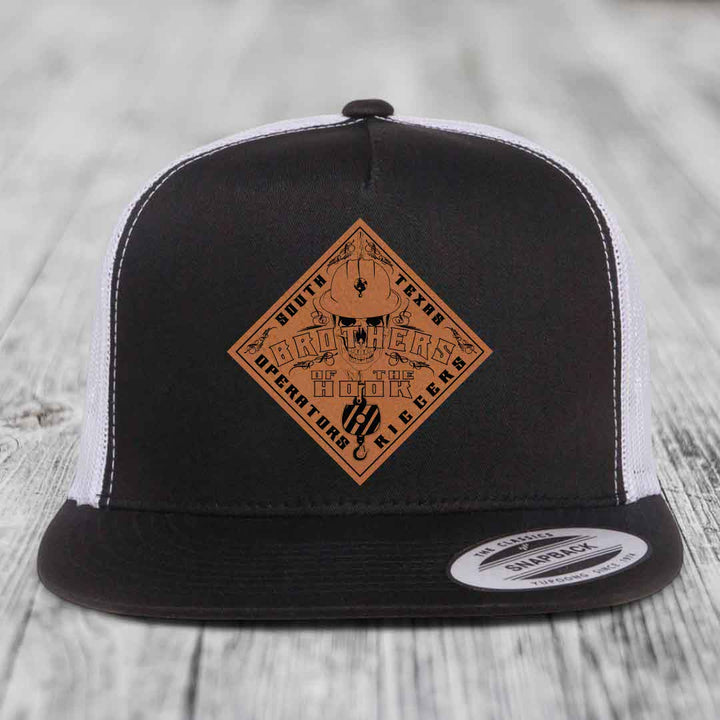 Brothers of the Hook (South Texas) - Leather Patch Hat - Rawhide to Black Patch - Yupoong 6006 Snapback Flatbill Hat