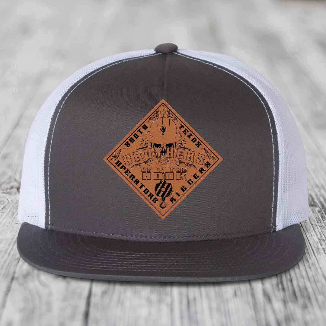 Brothers of the Hook (South Texas) - Leather Patch Hat - Rawhide to Black Patch - Yupoong 6006 Snapback Flatbill Hat