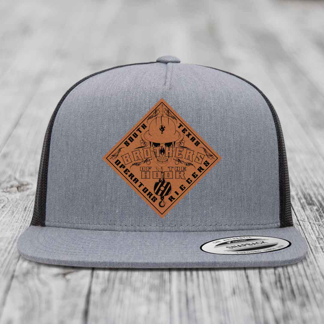 Brothers of the Hook (South Texas) - Leather Patch Hat - Rawhide to Black Patch - Yupoong 6006 Snapback Flatbill Hat
