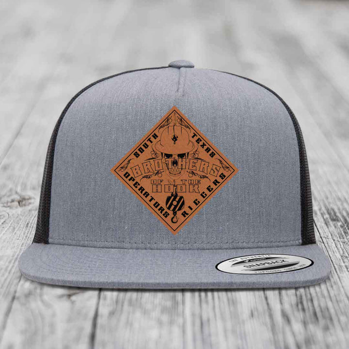 Brothers of the Hook (South Texas) - Leather Patch Hat - Rawhide to Black Patch - Yupoong 6006 Snapback Flatbill Hat