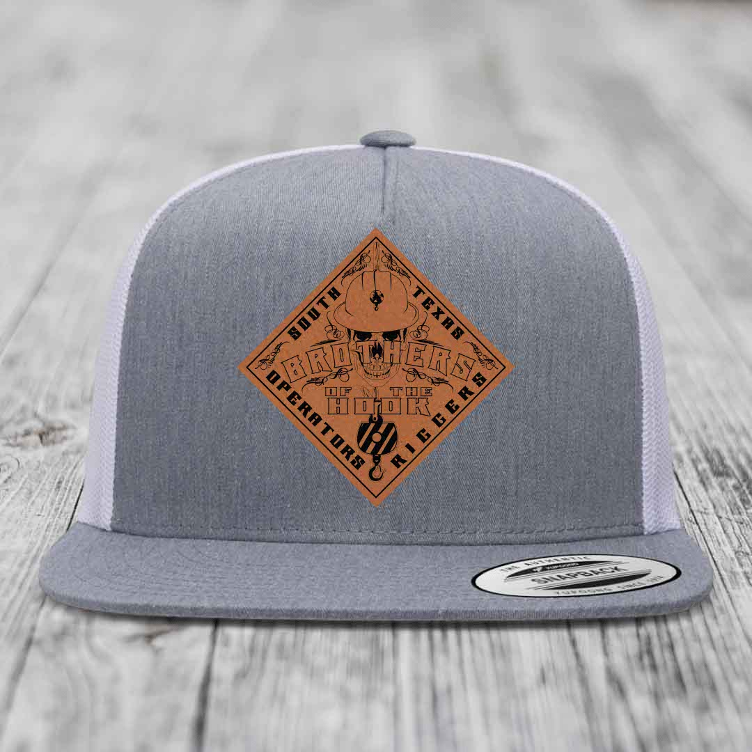 Brothers of the Hook (South Texas) - Leather Patch Hat - Rawhide to Black Patch - Yupoong 6006 Snapback Flatbill Hat