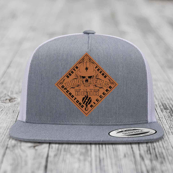 Brothers of the Hook (South Texas) - Leather Patch Hat - Rawhide to Black Patch - Yupoong 6006 Snapback Flatbill Hat