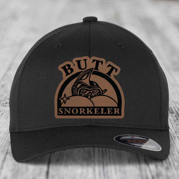 Butt Snorkeler - Leather Patch Hat - Dark Brown to Black Patch - Flexfit 6277 Fitted Hat