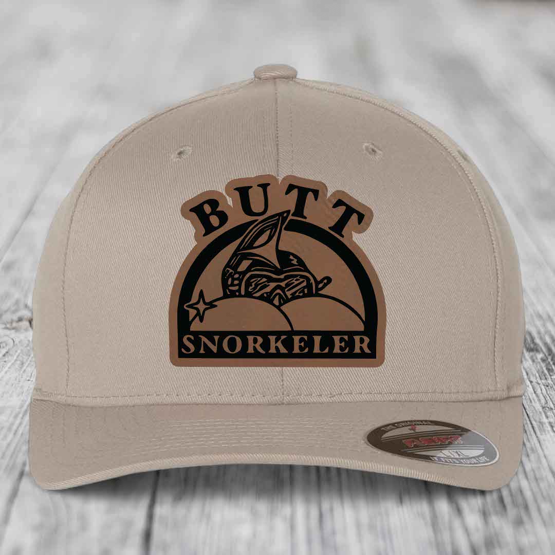 Butt Snorkeler - Leather Patch Hat - Dark Brown to Black Patch - Flexfit 6277 Fitted Hat