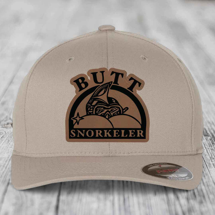 Butt Snorkeler - Leather Patch Hat - Dark Brown to Black Patch - Flexfit 6277 Fitted Hat