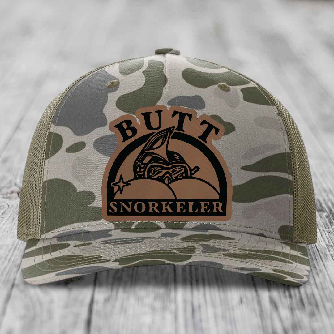 Butt Snorkeler - Leather Patch Hat - Dark Brown to Black Patch - Richardson 112PFP Snapback Trucker Hat