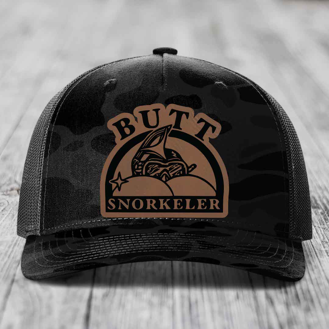 Butt Snorkeler - Leather Patch Hat - Dark Brown to Black Patch - Richardson 112PFP Snapback Trucker Hat