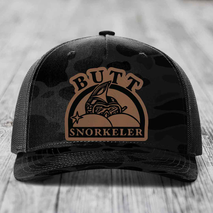 Butt Snorkeler - Leather Patch Hat - Dark Brown to Black Patch - Richardson 112PFP Snapback Trucker Hat