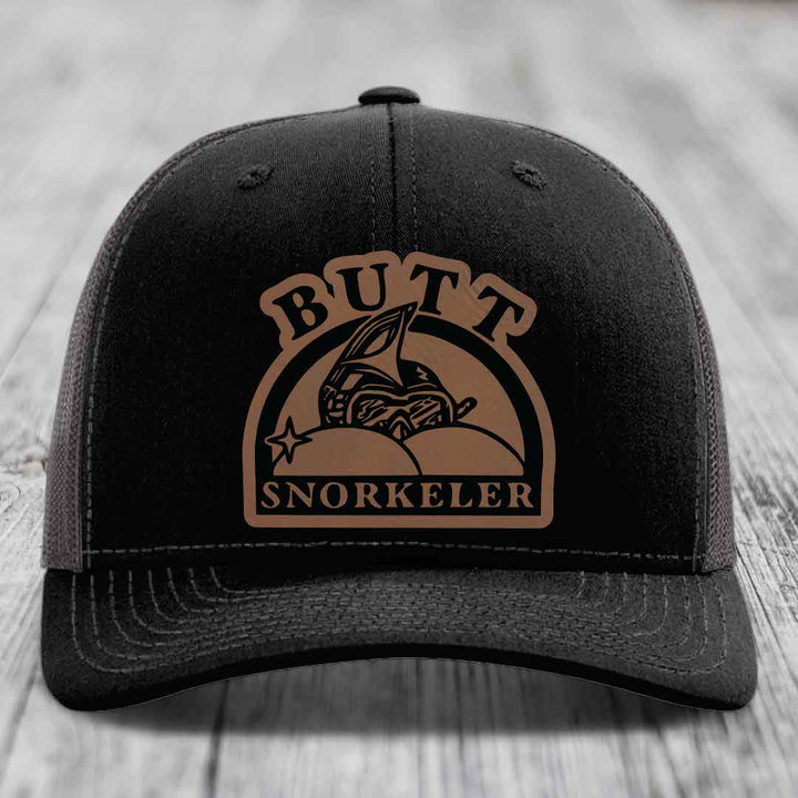 Butt Snorkeler - Leather Patch Hat - Dark Brown to Black Patch - Richardson 112 Snapback Trucker Hat