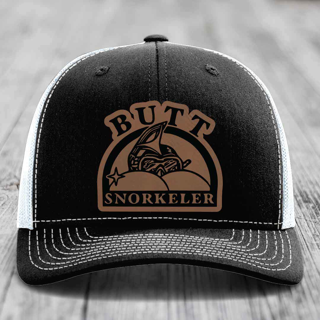 Butt Snorkeler - Leather Patch Hat - Dark Brown to Black Patch - Richardson 112 Snapback Trucker Hat