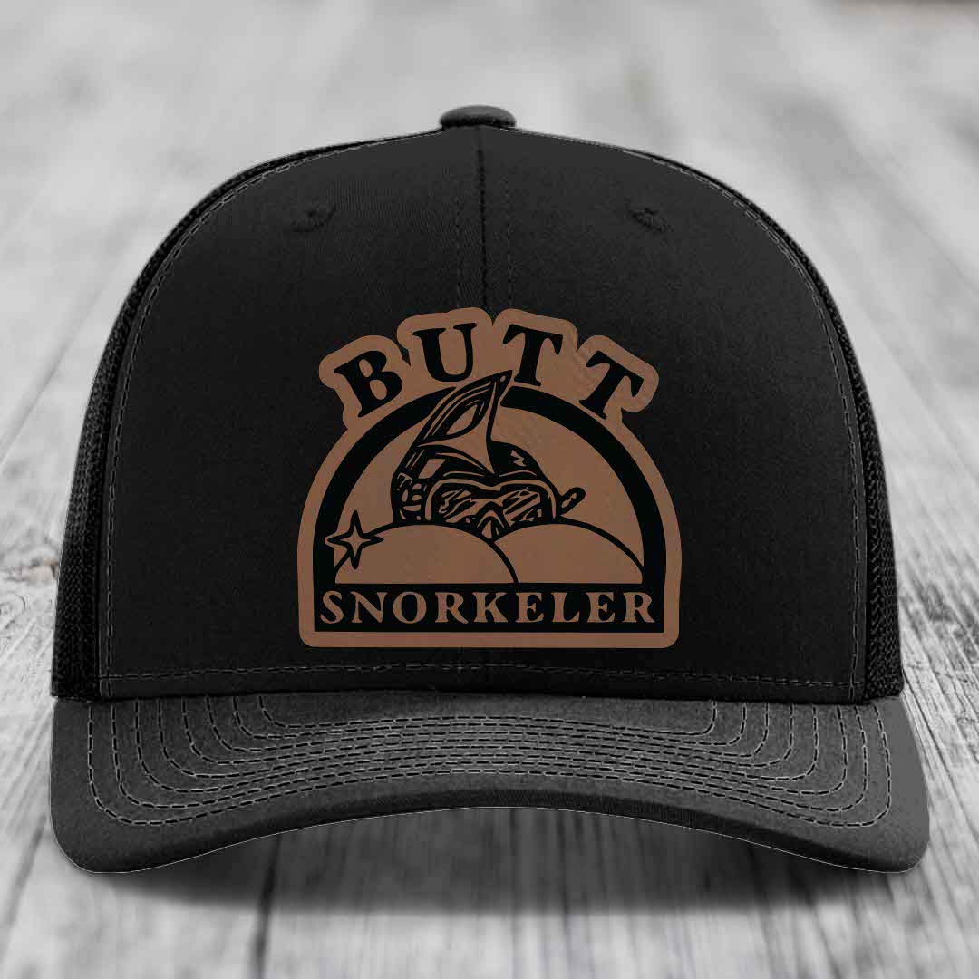 Butt Snorkeler - Leather Patch Hat - Dark Brown to Black Patch - Richardson 112 Snapback Trucker Hat
