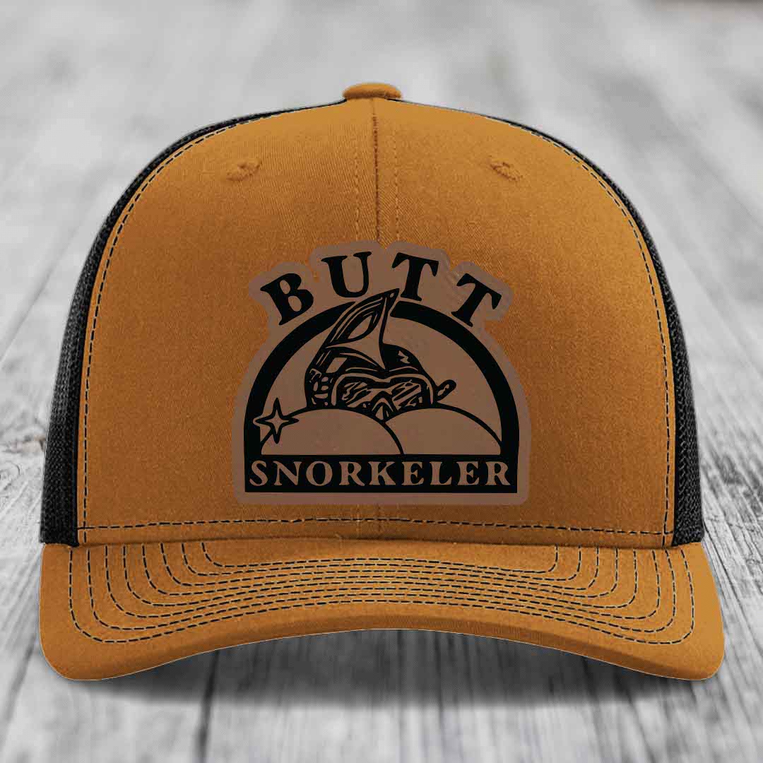 Butt Snorkeler - Leather Patch Hat - Dark Brown to Black Patch - Richardson 112 Snapback Trucker Hat