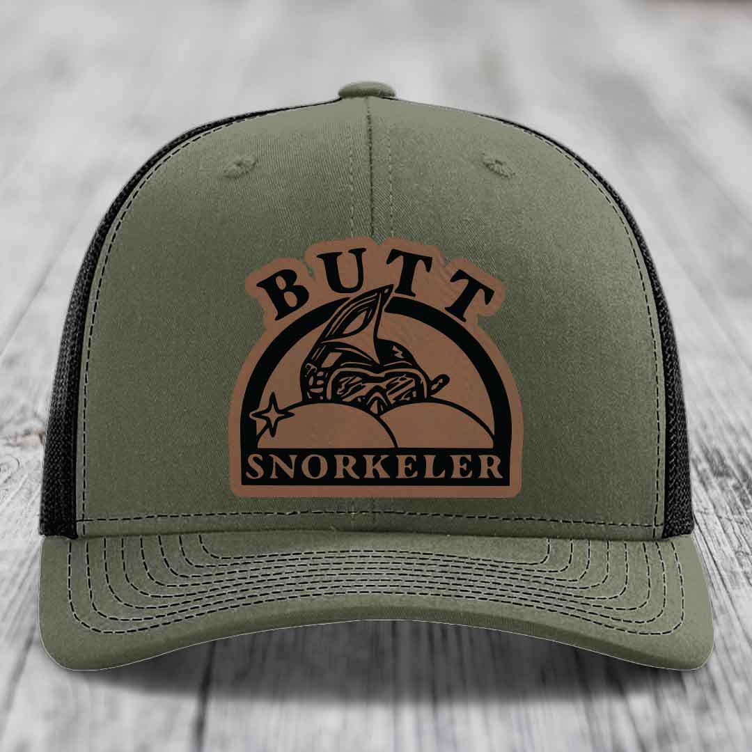 Butt Snorkeler - Leather Patch Hat - Dark Brown to Black Patch - Richardson 112 Snapback Trucker Hat