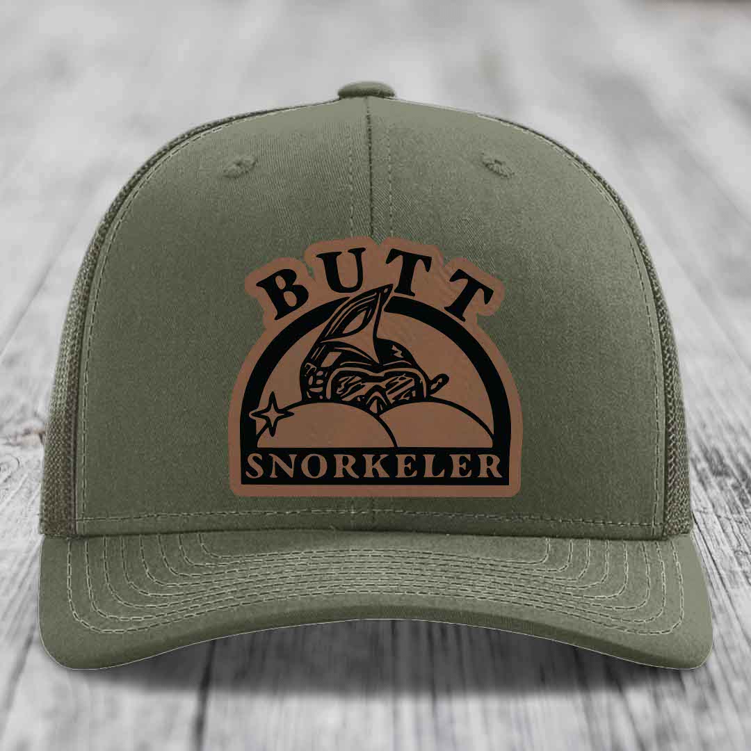 Butt Snorkeler - Leather Patch Hat - Dark Brown to Black Patch - Richardson 112 Snapback Trucker Hat