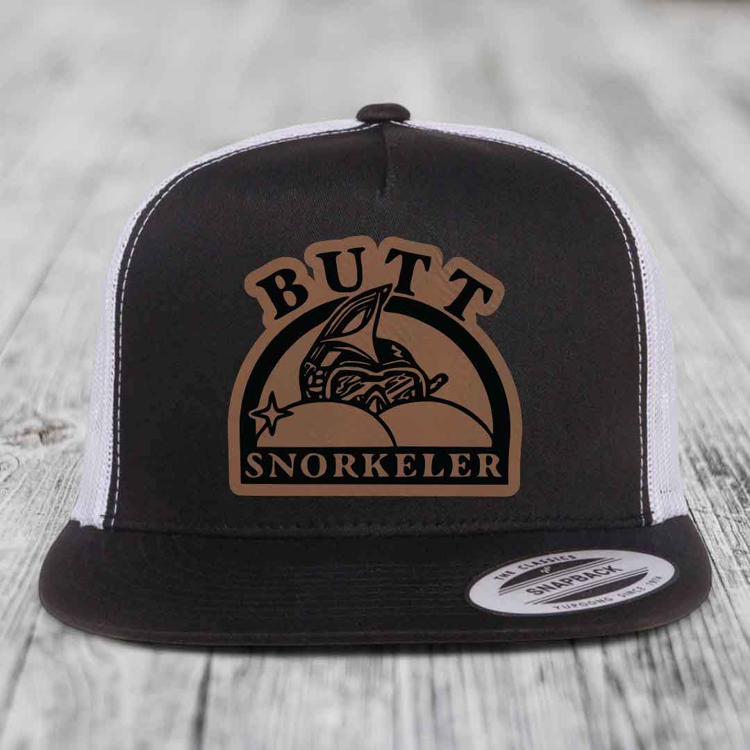 Butt Snorkeler - Leather Patch Hat - Dark Brown to Black Patch - Yupoong 6006 Snapback Flatbill Hat