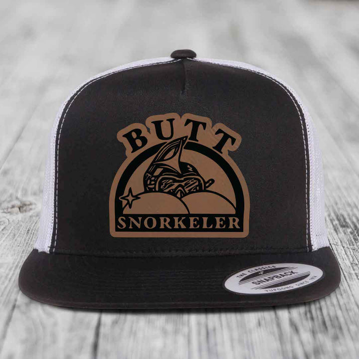 Butt Snorkeler - Leather Patch Hat - Dark Brown to Black Patch - Yupoong 6006 Snapback Flatbill Hat