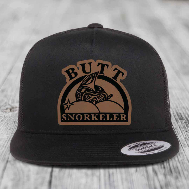 Butt Snorkeler - Leather Patch Hat - Dark Brown to Black Patch - Yupoong 6006 Snapback Flatbill Hat