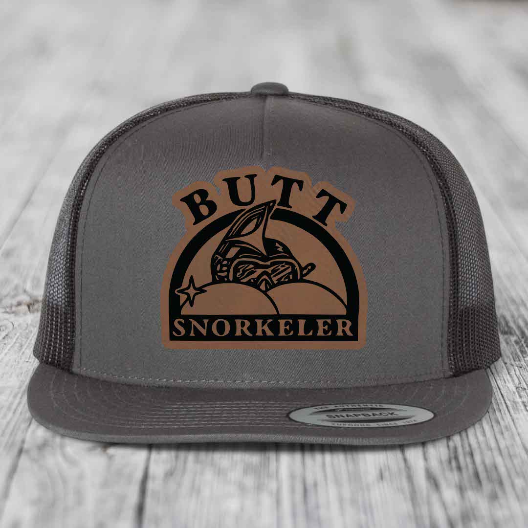 Butt Snorkeler - Leather Patch Hat - Dark Brown to Black Patch - Yupoong 6006 Snapback Flatbill Hat