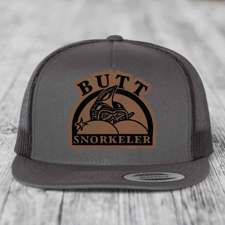 Butt Snorkeler - Leather Patch Hat - Dark Brown to Black Patch - Yupoong 6006 Snapback Flatbill Hat
