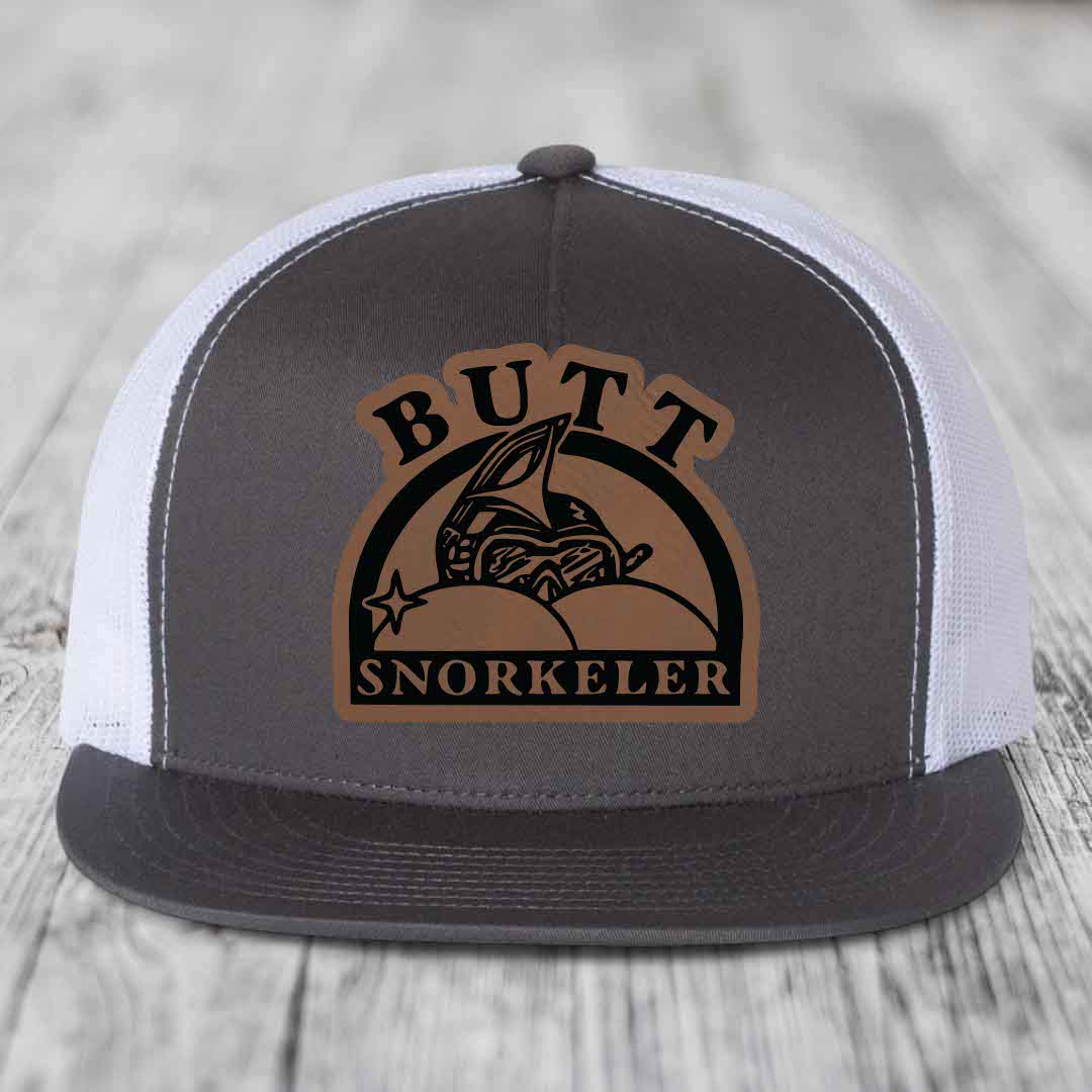 Butt Snorkeler - Leather Patch Hat - Dark Brown to Black Patch - Yupoong 6006 Snapback Flatbill Hat