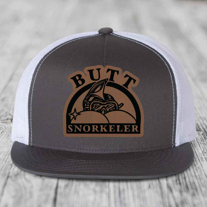 Butt Snorkeler - Leather Patch Hat - Dark Brown to Black Patch - Yupoong 6006 Snapback Flatbill Hat