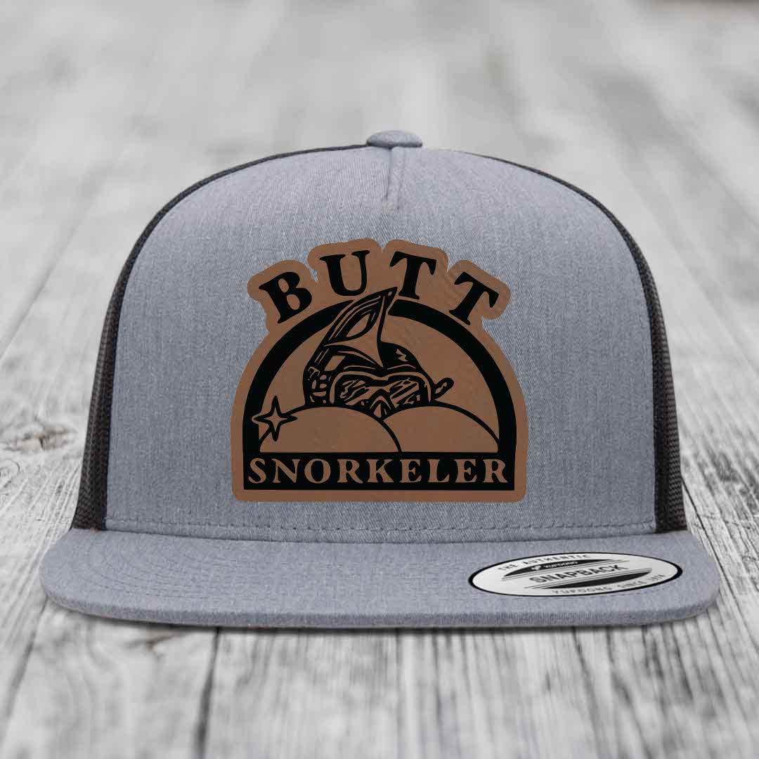 Butt Snorkeler - Leather Patch Hat - Dark Brown to Black Patch - Yupoong 6006 Snapback Flatbill Hat