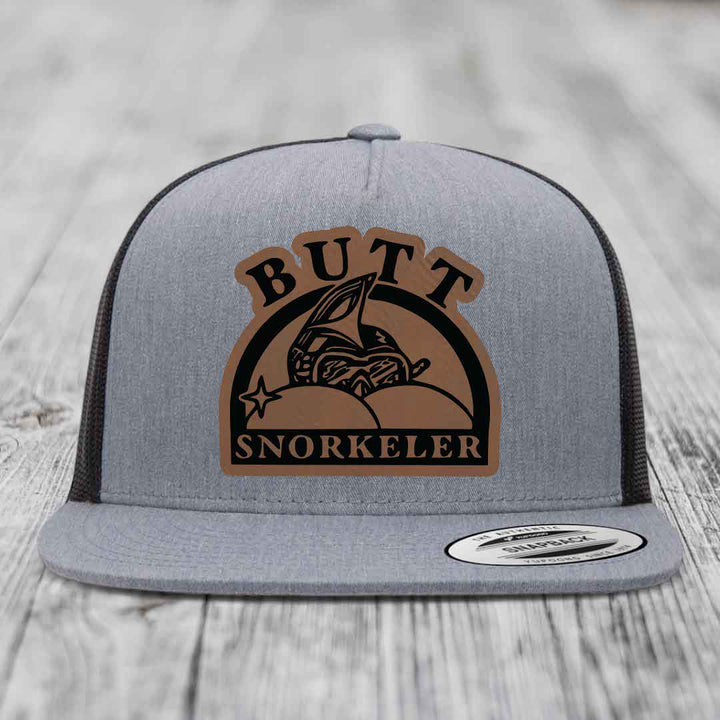 Butt Snorkeler - Leather Patch Hat - Dark Brown to Black Patch - Yupoong 6006 Snapback Flatbill Hat