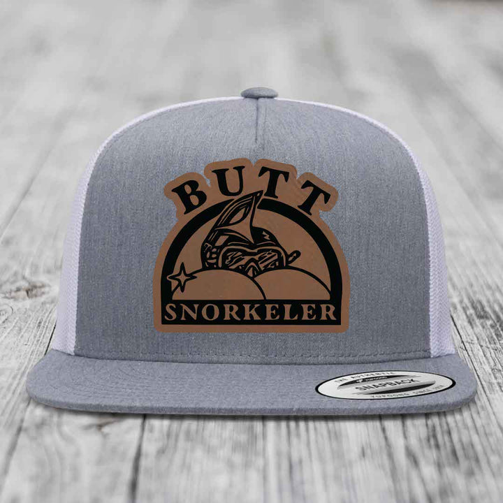 Butt Snorkeler - Leather Patch Hat - Dark Brown to Black Patch - Yupoong 6006 Snapback Flatbill Hat