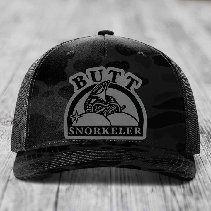 Black camouflage trucker hat with &