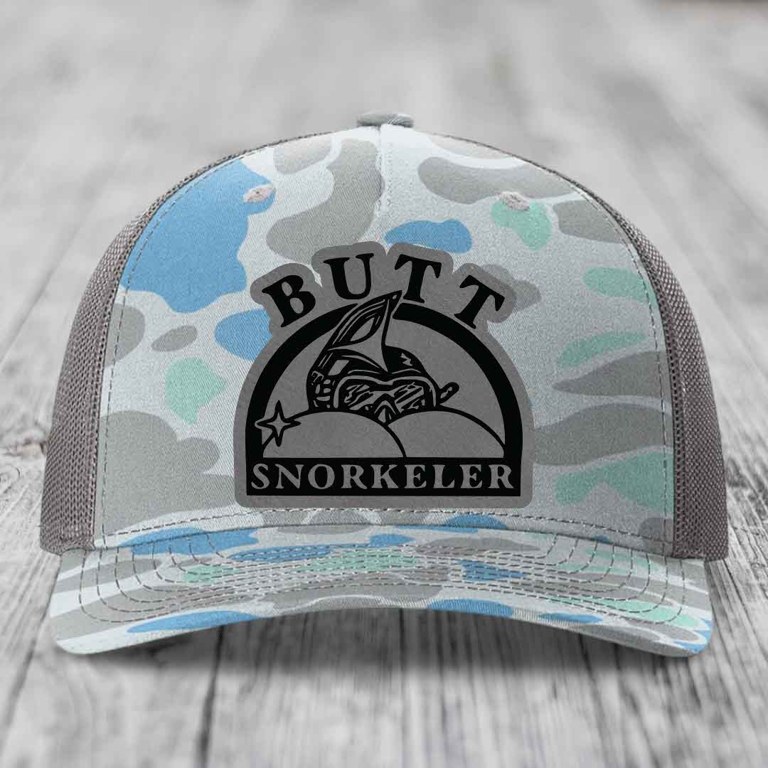 Butt Snorkeler - Leather Patch Hat - Grey to Black Patch - Richardson 112PFP Snapback Trucker Hat